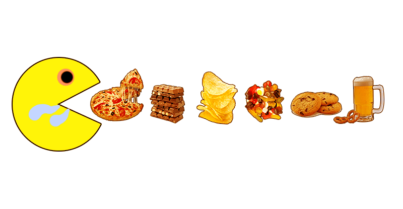 Postavička Pacman je pizzu, čokoládu, čipsy, gumené medvedíky, cookies, pivo a praclíky