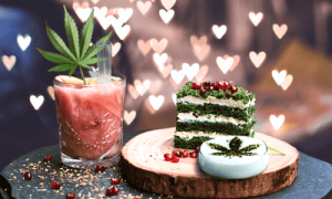marihuanova narodeninova torta a drink s konopnym listom