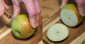Návod na výrobu korunky na vodnú fajku z jablka - krájanie jablka