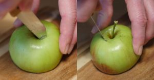 Návod na výrobu korunky na vodnú fajku z jablka - vykrajovanie stopky jablka