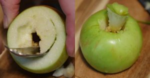 Návod na výrobu korunky na vodnú fajku z jablka - vykrajovanie dužiny a vyrezávanie stopky jablka