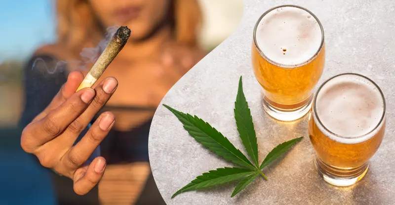 Alkohol a marihuana: mladá žena podáva do kamery zapálený joint a dva poháre piva s konopným listom